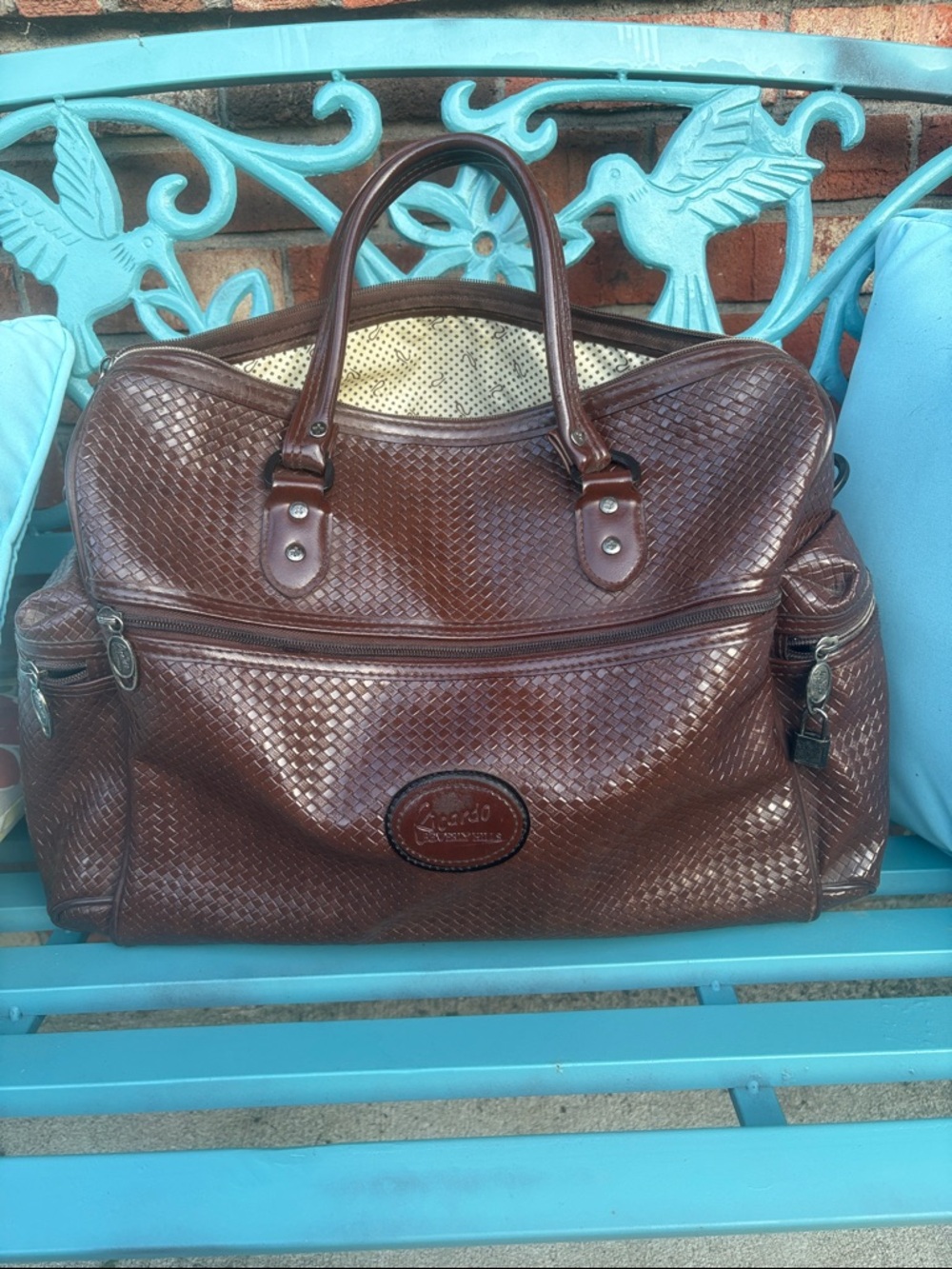 Ricardo Brown Woven Leather Weekender Bag vintage luggage.